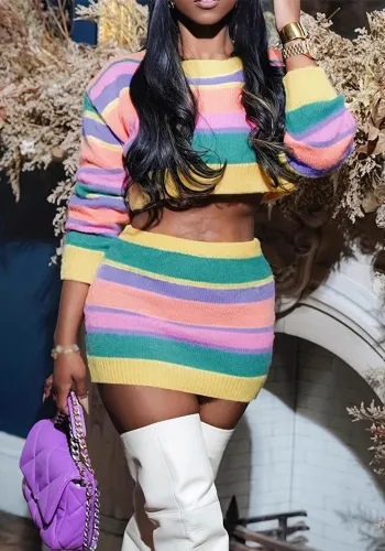 Summer Chic Color Matching Sexy Crop High Waist Slim Bodycon Short Skirt Set