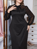 Autumn Winter Round Neck Polka Dot Mesh Patchwork Elastic Slim Long Sleeve Women Dress