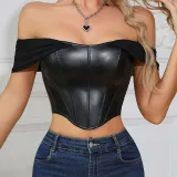 Off Shoulder Sexy Mesh Sleeves Patchwork Fishbone Top For Women