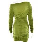 Autumn Winter Chic Solid Round Neck Long Sleeve Pleated Slim Dress