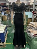Bride Cape Solid Sleeveless V-Neck Long Mermaid Wedding Evening Dress Two Piece Set