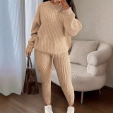 Women's Autumn Winter Knitting Round Neck Top Fashion Pants Two Piece Set
