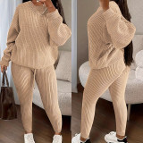 Women's Autumn Winter Knitting Round Neck Top Fashion Pants Two Piece Set