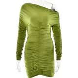 Autumn Winter Chic Solid Round Neck Long Sleeve Pleated Slim Dress