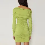 Autumn Winter Chic Solid Round Neck Long Sleeve Pleated Slim Dress