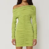 Autumn Winter Chic Solid Round Neck Long Sleeve Pleated Slim Dress