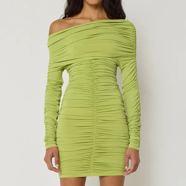 Autumn Winter Chic Solid Round Neck Long Sleeve Pleated Slim Dress