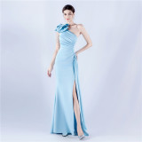 Women Beaded Flower Pleated Off-shoulder Split Evening Dress