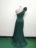 Women Beaded Flower Pleated Off-shoulder Split Evening Dress