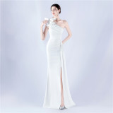Women Beaded Flower Pleated Off-shoulder Split Evening Dress
