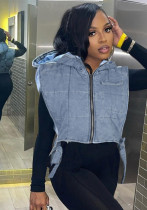 Women winter lace hooded sleeveless denim vest