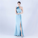 Women Beaded Flower Pleated Off-shoulder Split Evening Dress