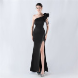 Women Lotus Leaf Shoulder Slash Shoulder Beaded Beaded Evening Dress