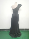 Women Beaded Flower Pleated Off-shoulder Split Evening Dress
