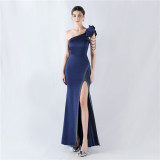 Women Lotus Leaf Shoulder Slash Shoulder Beaded Beaded Evening Dress