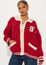 Women Fall/Winter Letter Zipper Turndown Collar Hat Sweater Baseball Jacket