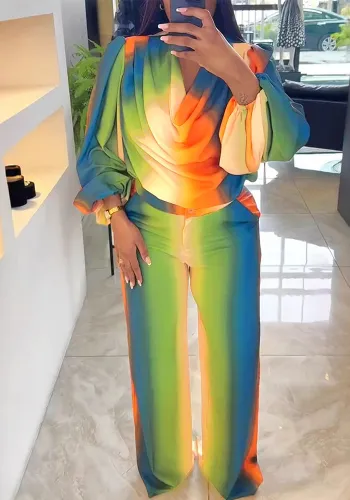 Women lantern sleeves Print swing collar top and wide-leg pants Two Piece Set
