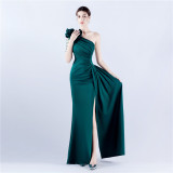 Women Beaded Flower Pleated Off-shoulder Split Evening Dress