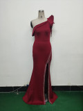 Women Lotus Leaf Shoulder Slash Shoulder Beaded Beaded Evening Dress