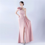 Women Beaded Flower Pleated Off-shoulder Split Evening Dress