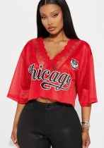 Women summer Letter printed v-neck lace short-sleeved T-shirt
