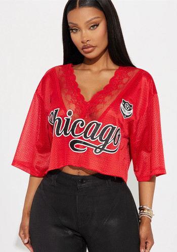 Women summer Letter printed v-neck lace short-sleeved T-shirt