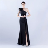 Women Beaded Flower Pleated Off-shoulder Split Evening Dress