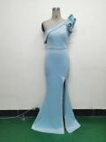 Women Lotus Leaf Shoulder Slash Shoulder Beaded Beaded Evening Dress