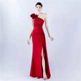 Women Beaded Flower Pleated Off-shoulder Split Evening Dress