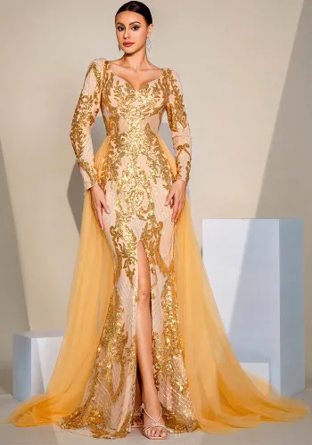 Women Long Sleeve V-Neck Sequin Mesh Formal Party Evening Dress