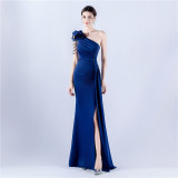 Women Beaded Flower Pleated Off-shoulder Split Evening Dress