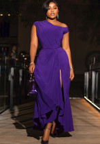 African Women Solid Off-shoulder Slit Dress