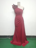 Women Beaded Flower Pleated Off-shoulder Split Evening Dress