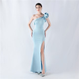 Women Lotus Leaf Shoulder Slash Shoulder Beaded Beaded Evening Dress