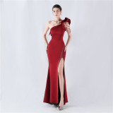 Women Lotus Leaf Shoulder Slash Shoulder Beaded Beaded Evening Dress
