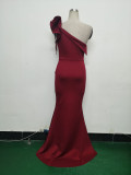 Women Lotus Leaf Shoulder Slash Shoulder Beaded Beaded Evening Dress