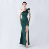 Women Lotus Leaf Shoulder Slash Shoulder Beaded Beaded Evening Dress