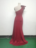 Women Beaded Flower Pleated Off-shoulder Split Evening Dress