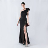 Women Lotus Leaf Shoulder Slash Shoulder Beaded Beaded Evening Dress
