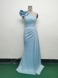 Women Beaded Flower Pleated Off-shoulder Split Evening Dress