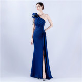 Women Beaded Flower Pleated Off-shoulder Split Evening Dress