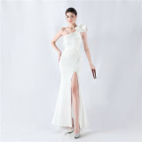 Women Lotus Leaf Shoulder Slash Shoulder Beaded Beaded Evening Dress