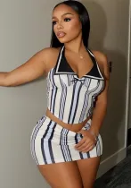 Women Fall Style Printed Sleeveless Halter Neck Striped Contrast Top and Skirt Two Piece Set