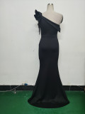 Women Lotus Leaf Shoulder Slash Shoulder Beaded Beaded Evening Dress