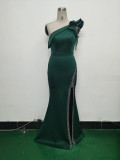 Women Lotus Leaf Shoulder Slash Shoulder Beaded Beaded Evening Dress