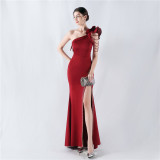 Women Lotus Leaf Shoulder Slash Shoulder Beaded Beaded Evening Dress