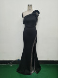 Women Lotus Leaf Shoulder Slash Shoulder Beaded Beaded Evening Dress