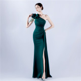 Women Beaded Flower Pleated Off-shoulder Split Evening Dress