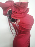 Women Beaded Flower Pleated Off-shoulder Split Evening Dress