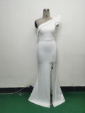 Women Lotus Leaf Shoulder Slash Shoulder Beaded Beaded Evening Dress